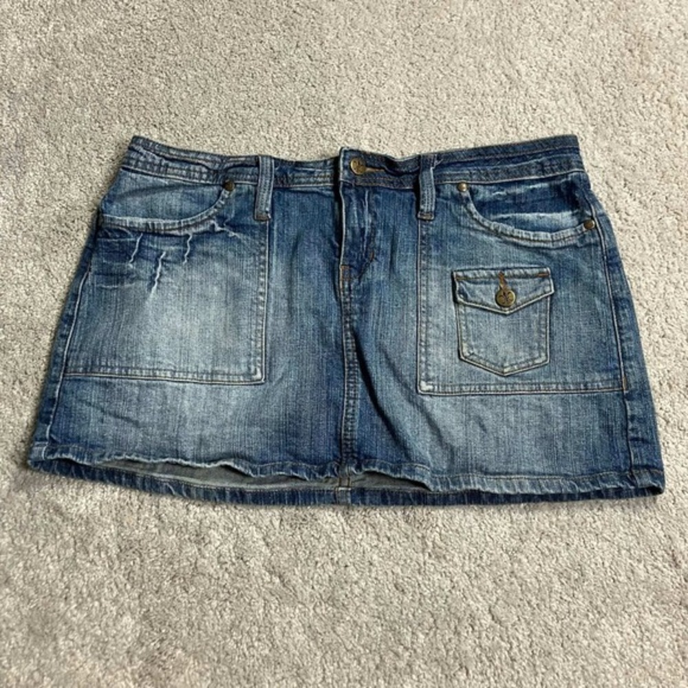 VTG No Boundaries Denim Mini Skirt Rhinestone Pockets Y2K Faded Juniors 13